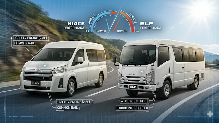 Perbandingan Spesifikasi Mesin dan Performa Hiace vs Elf Perbandingan Spesifikasi Mesin dan Performa Hiace vs Elf